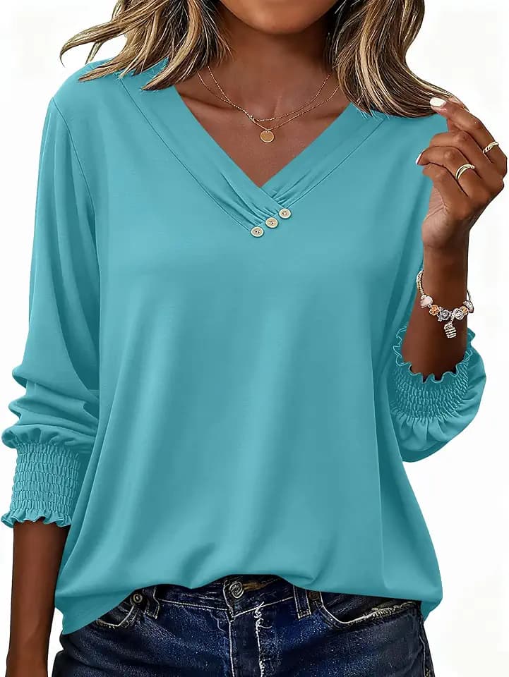 LOMON Blouses for Women Dressy Casual 3/4 Length Sleeve Womens Tops with Buttons Decor