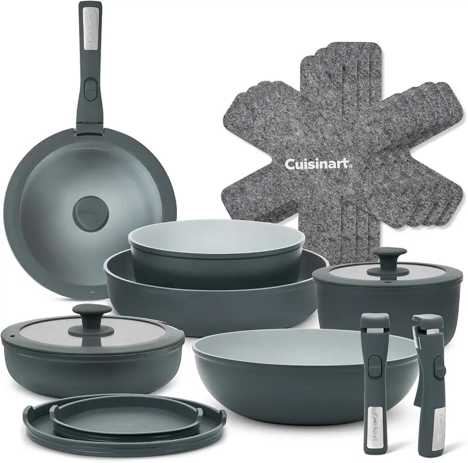 Cuisinart ClickSmart Antihaft-Kochgeschirr | 18-teiliges Töpfe- & Pfannen-Set | Abnehmbarer Griff | Keramik-Antihaftbeschichtung | Stapelbar & platzsparend | Induktion | Backofen- & spülmaschinenfes