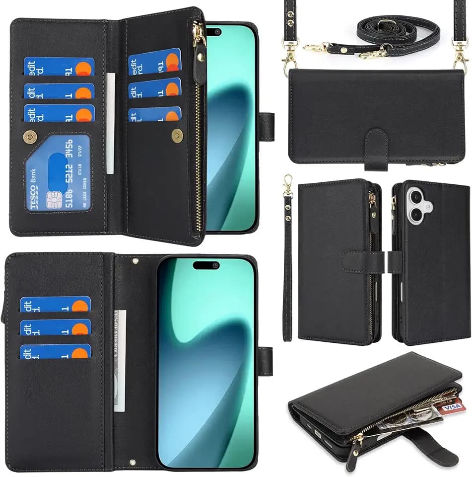 Crossbody Phone Wallet for iPhone 17 Case with Strap,6.3",Black