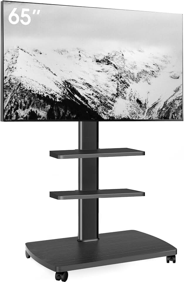 AOKCOS TV Ständer Rollbar mit Holzablage 2 Regal, Fernsehständer auf Rollen für 32-65 Zoll TV, TV Bodenständer Höhenverstellbar Drehbar, bis 40 kg Max. VESA 400x400mm (Schwarz)