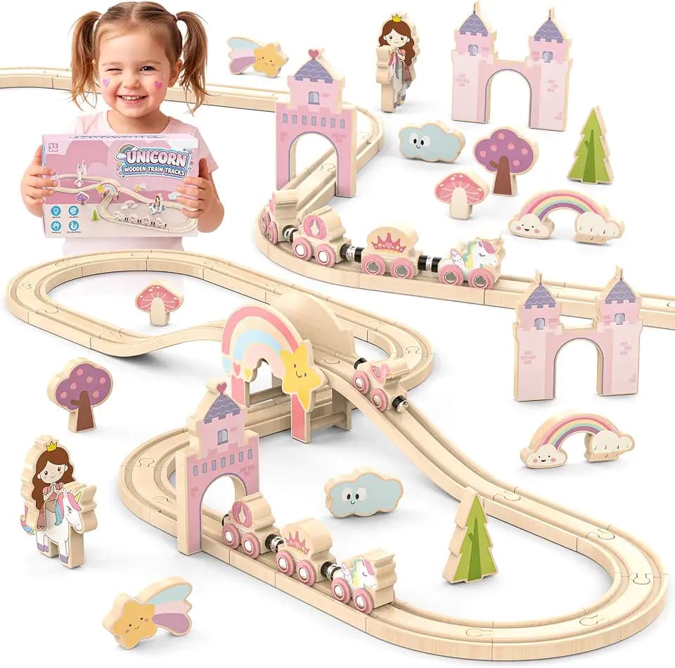 Wooden Train Set for Toddlers – 39 Pcs Unicorn Wooden Train Track Toy for Girls, Fantasy Toddler Toys for 3 4 5 Year Old Girls, Ideal Christmas Birthday Gift for 3-5 Girl