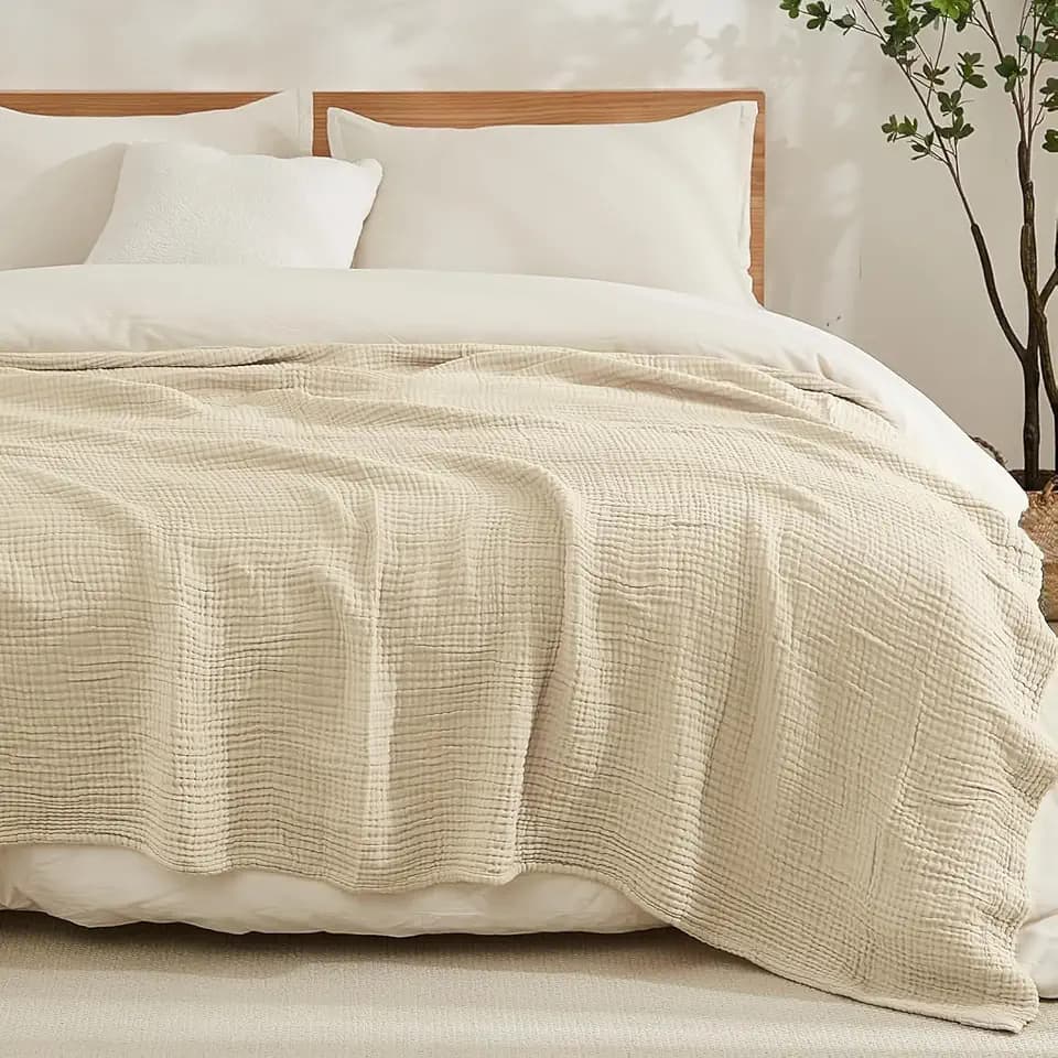 EMME Musselin-Decke 230x230 Baumwolle Oeko-TEX Erwachsene Tagesdecke,Beige