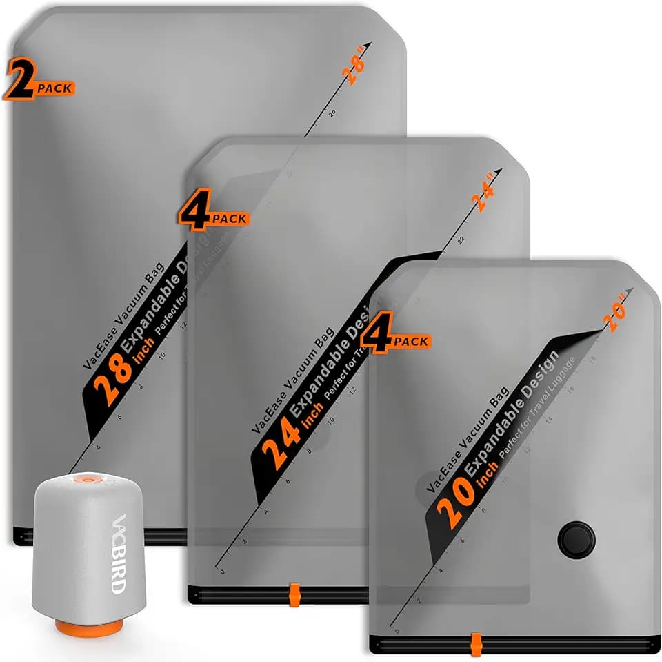 Vacbird Vakuumbeutel für Kleidung mit Kabellose Vakuumpumpe, 10 Stück (4x 40x54cm, 4x 47x64cm, 2x 54x74cm), Platzsparend Vakuumierbeutel für Kleidung – Speziell für Reisen und Kofferorganisation