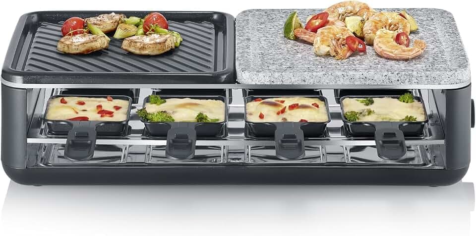 SEVERIN Raclette-Grill für 8 Personen, Naturgrillstein & antihaftbeschichtete-Grillplatte, Tischgrill mit extra tiefen Pfännchen, spülmaschinengeeignet, Black Line, RG 2366