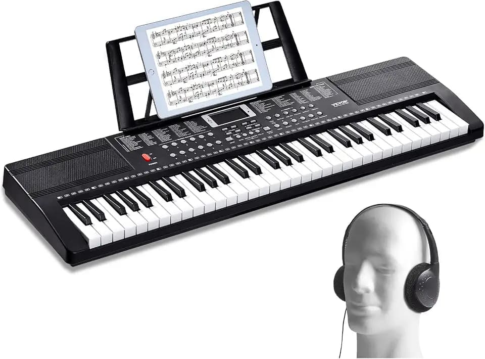 VEVOR 61 Key Digital Keyboard Piano, 200 Tones 200 Rhythms, Electric Portable Piano Keyboard Kit with 60 Demo Songs Built-In Dual Speakers Headphones, Piano Stickers for Beginners Learning