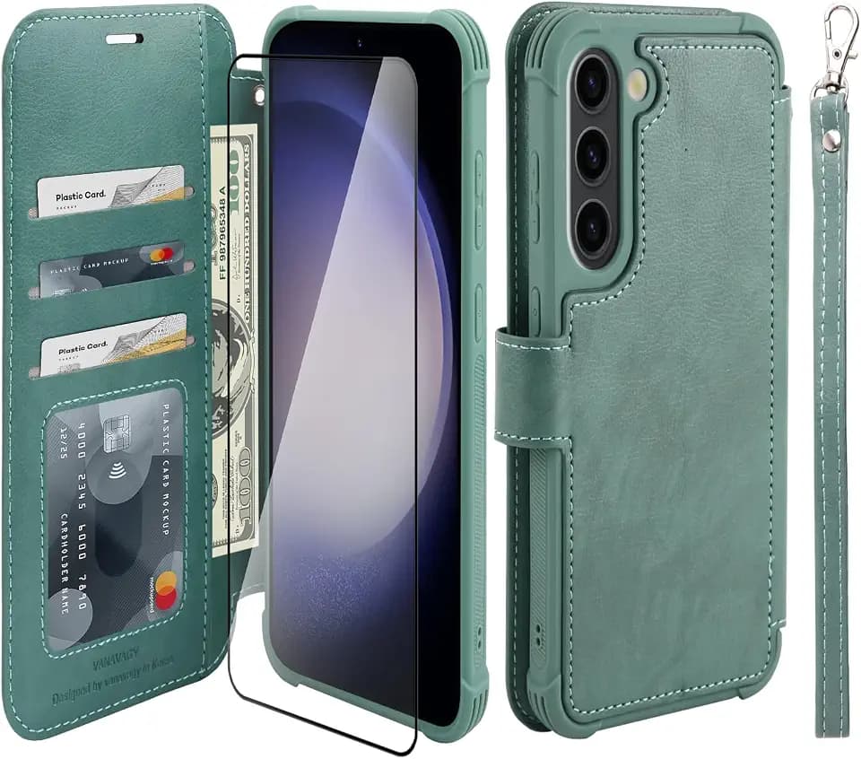 VANAVAGY Wallet Case for Galaxy S23 6.1 inch, Forest Green