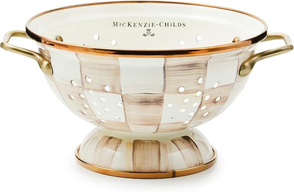 MACKENZIE-CHILDS Enamel Colander, Large, Brown-and-White Mocha Check