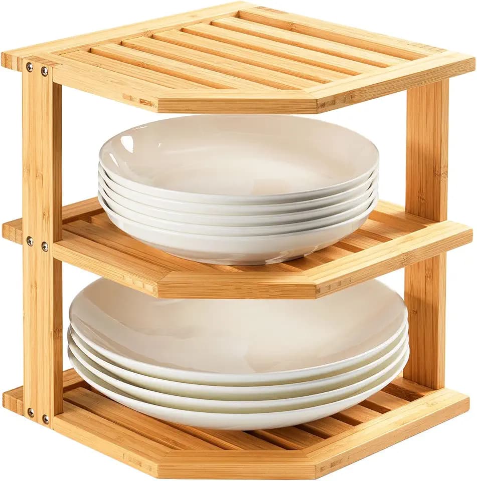 Umilife Plate Organizer for Cabinet, Bamboo Corner Shelf, Dish & Bread Organizer, Spice Rack, Kitchen Bathroom Countertop Storage Organization Space Saver