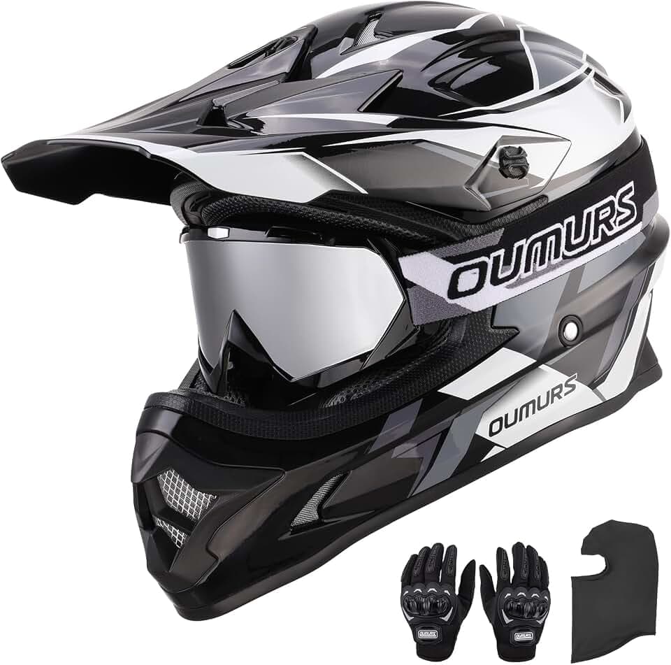 OUMURS DOT Adult ATV Dirt Bike Helmet with Goggles Gloves & Mask Adjustable Sun Visor Motorcycle Adults Helmet Off-Road Motocross Downhill Moped MX for Unisex-Adult-Victory Gray, XL