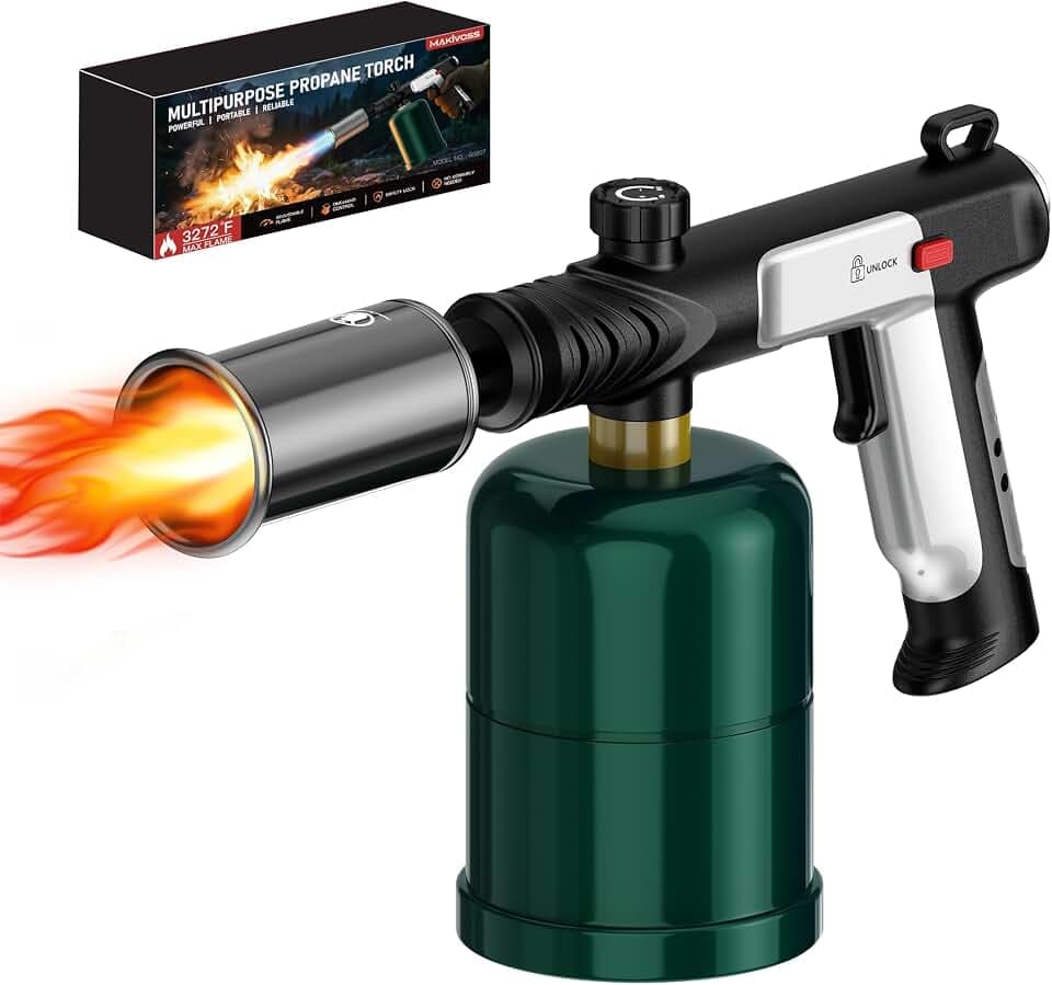Propane Torch Gun, Weed Torch Propane Burner & Cooking Blow Torch with Safety Lock, One-Touch Max Fire, Adjustable Flame for Searing Steak, BBQ, Charcoal Starter & Weed Burning (Tank Not Included)