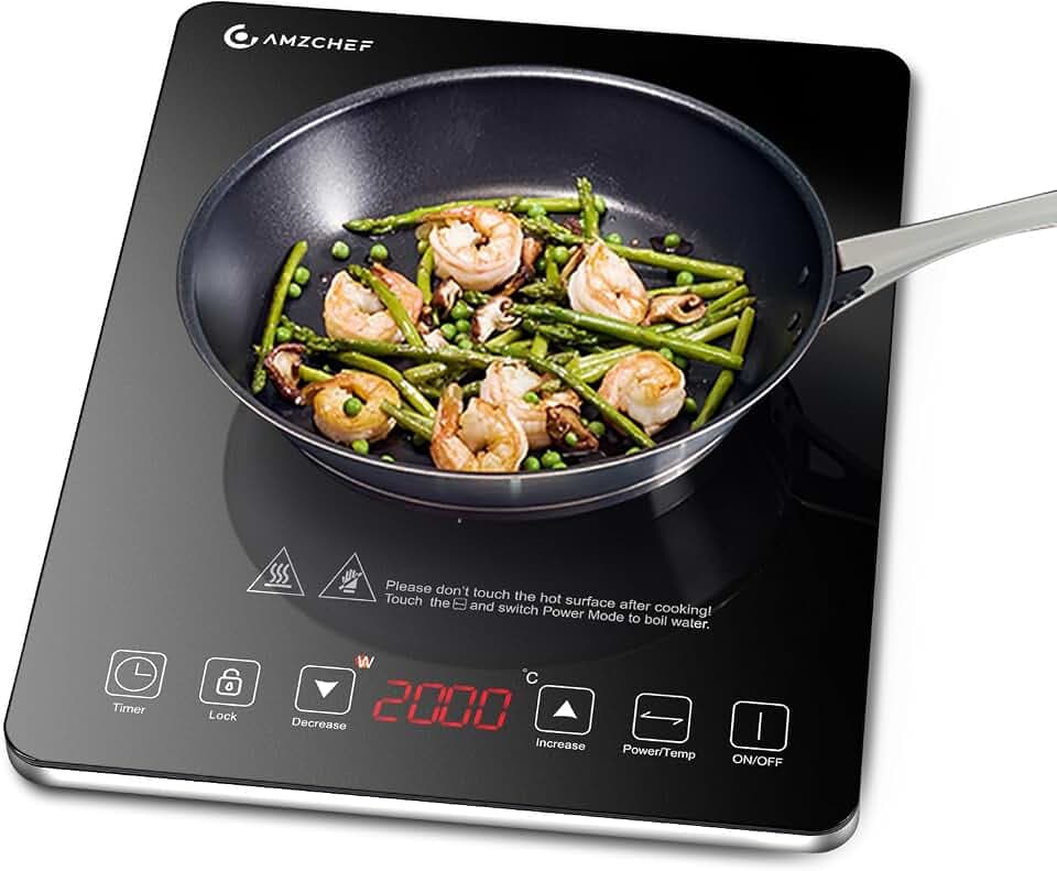 Induktionskochfeld 1 Platte, AMZCHEF Kochplatte Induktion mit ultradünnem Design, 20-Temperaturstufen und 20-Leistungseinstellung, 2000W Induktionskochplatte mit 3-Stunden-Timer, Sicherheitsschloss