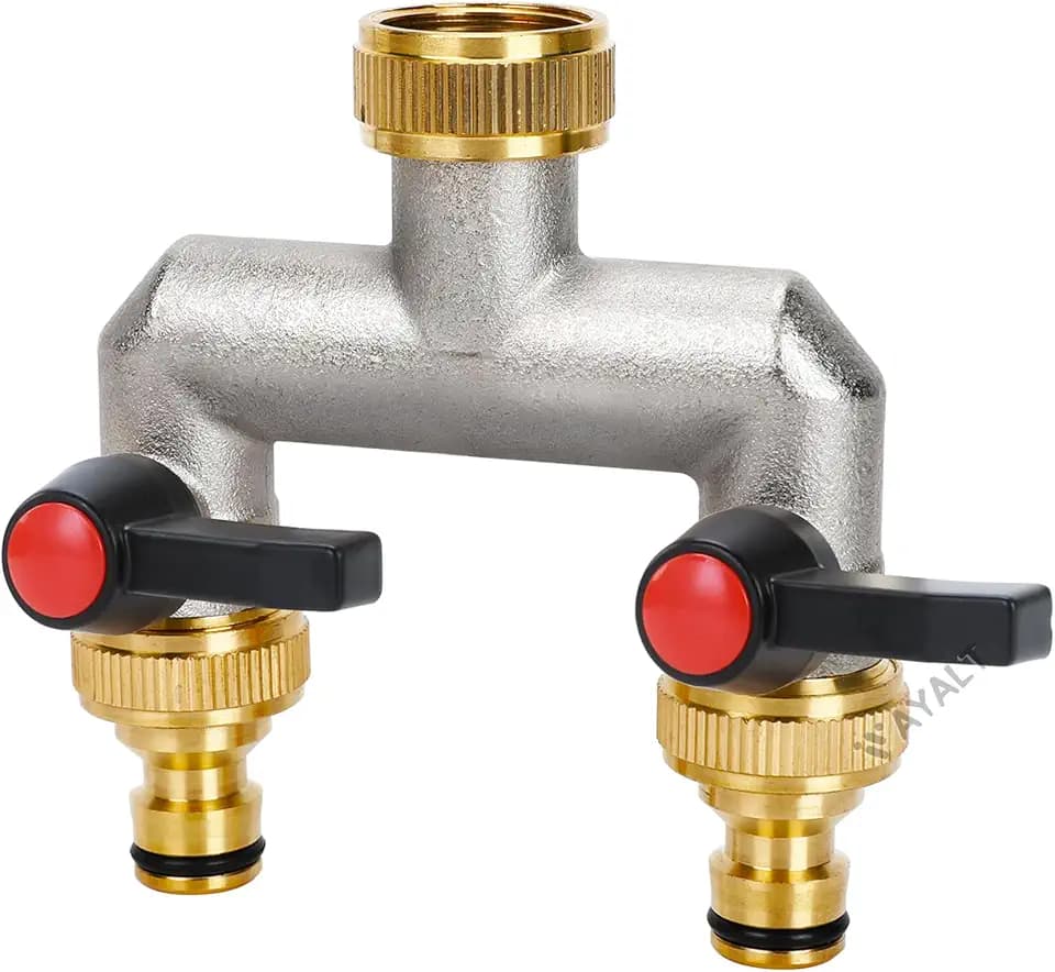VAYALT 2-Wege Wasserhahn Wasserverteiler, Verteiler Wasser 3/4 Zoll Messing Wasseranschluss Verteile, Gartenschläuche mit 3/4" Adapter (Long Handle) ﻿