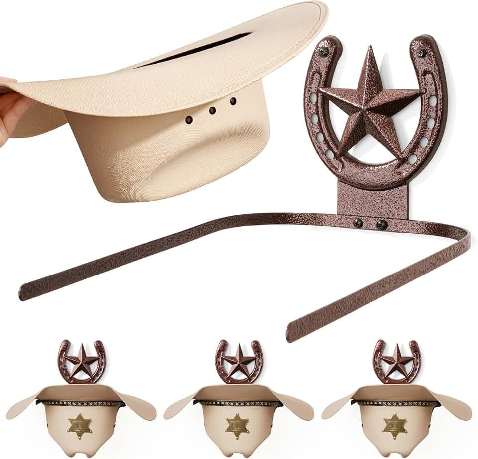 Cowboy Hat Holder for Wall, 4-Pack Metal Horseshoe Star Hat Rack, Bronze