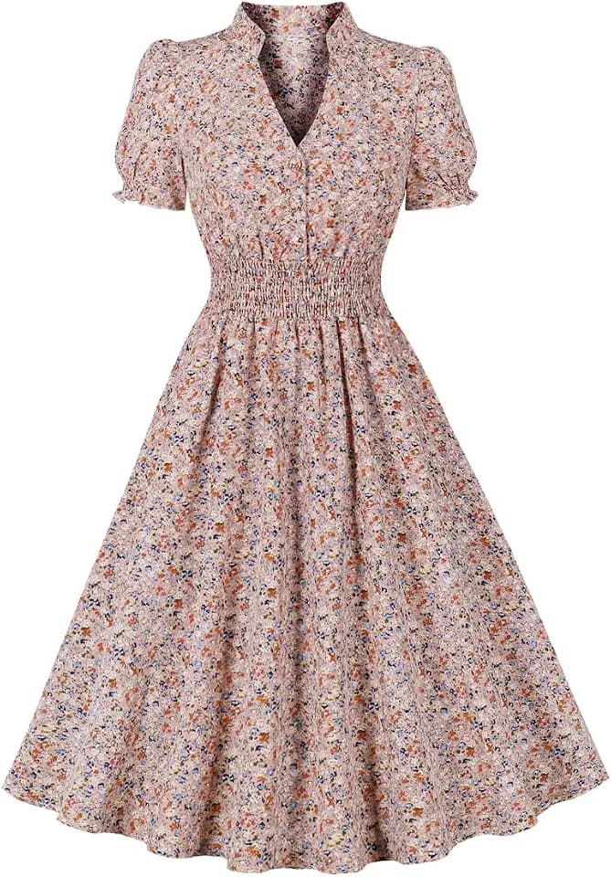Wellwits Damenkleid mit Kragen, V-Ausschnitt, gekräuseltes Ditsy-Blumenmuster, Vintage-Kleid