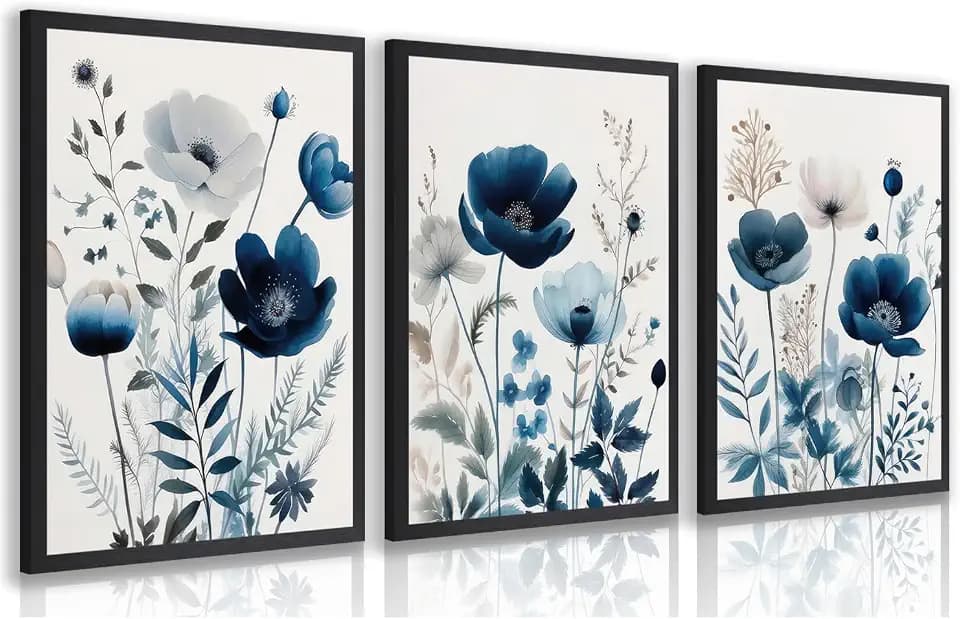 Grajoy Wood Framed Navy Blue Botanical Floral Wall Art 16x24 Inch Set of 3