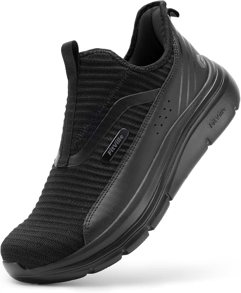 FitVille Men's Extra Wide Slip on Walking Shoes with Arch Support Men Slip on Sneakers for Foot Pain Relief-Stepease V2