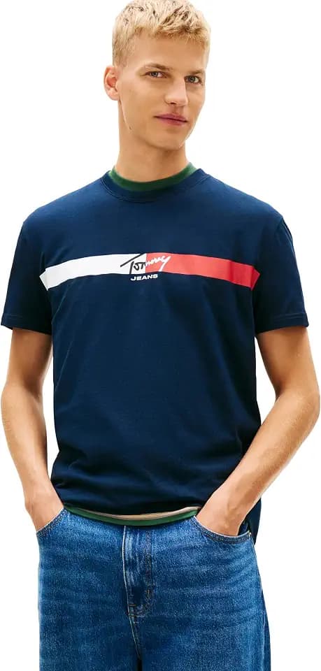 Tommy Jeans Men's Short Sleeve Cotton Graphic T-Shirts with Printed Stripe Logo