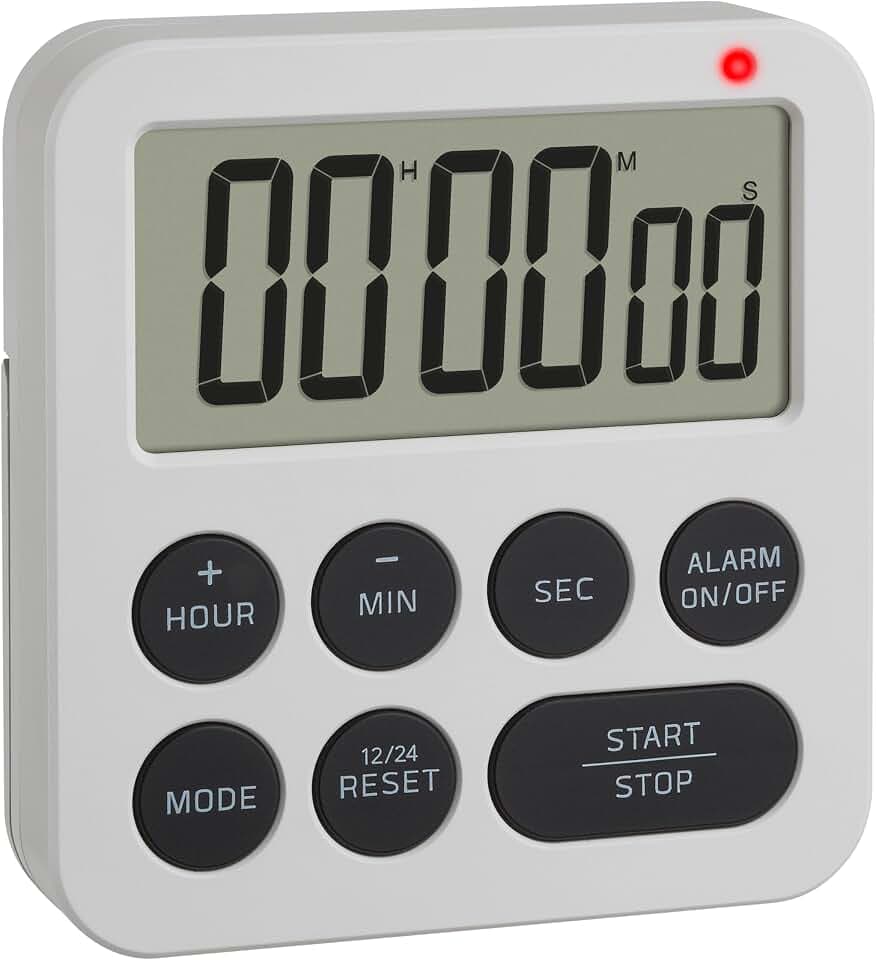 TFA Dostmann Digitaler Timer mit Stoppuhr und Wecker, 38.2051.02, bis 99h/59min/59s, Eieruhr, Küchentimer, Hausaufgabentimer, Kurzzeitwecker, mit LED Warnlicht und 2 Lautstufen, magnetisch, weiß