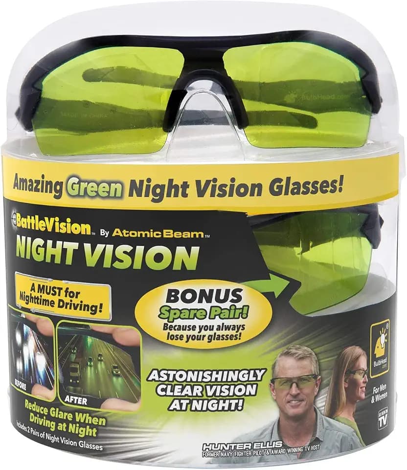 As Seen On TV BattleVision Night Vision Glasses 2 Pairs by BulbHead - Amazing Night Driving Glasses Protect Eyes From Blinding Headlight Glare - Green Lenses Enhance Clarity - Flexible Frames