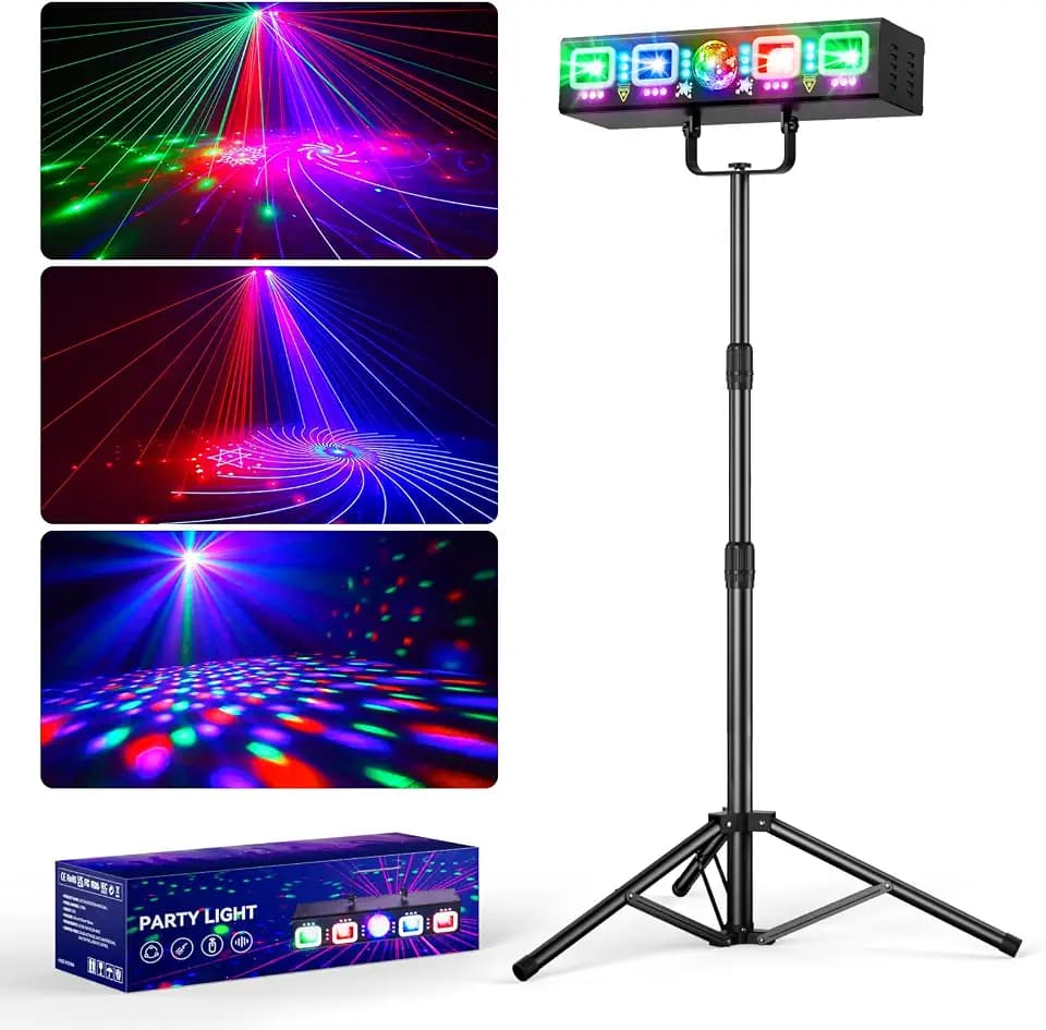 KeoBin 6-in-1 Discolicht Partylicht mit 61 Zoll Stativ& RGB, UV & Strobe