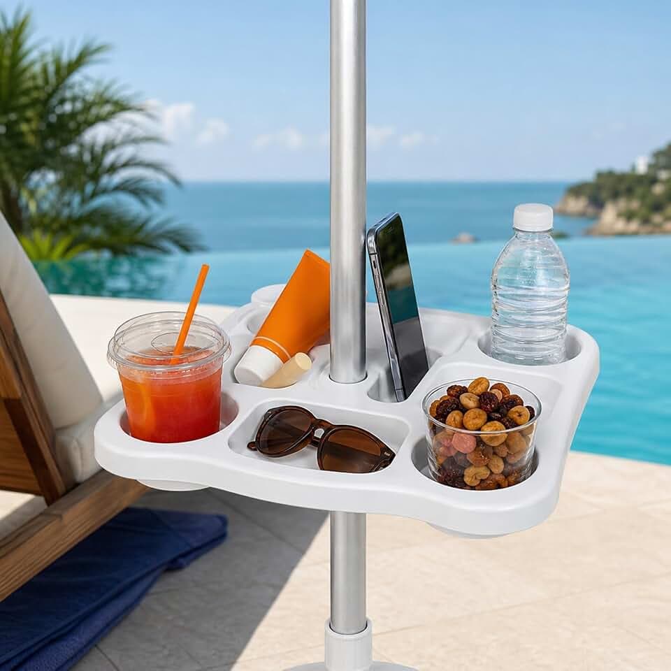 topolenashop Tablett für Sonnenschirm 37 x 37 cm mit 4 Getränkehaltern, Tisch mit Fächern für Snacks Smartphone und Zubehör, kompatibel mit Stangen 22-40 mm | 670552