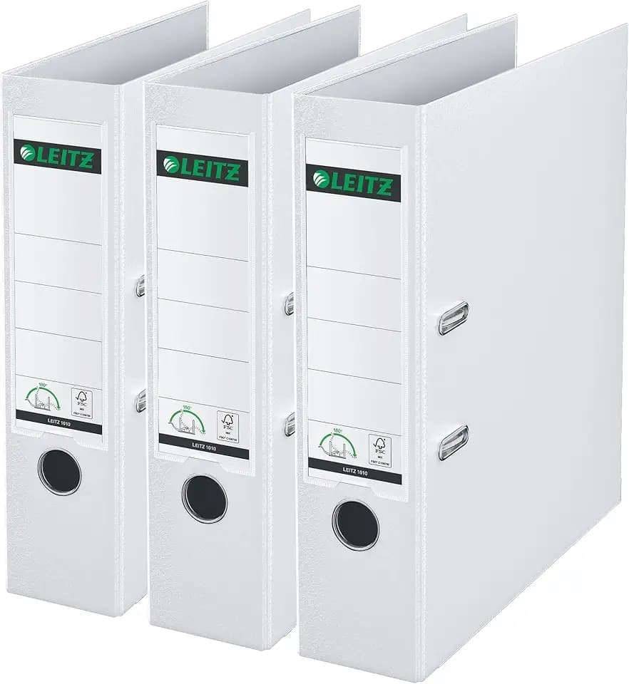 Leitz Qualitäts-Ordner 180° Plastik, 3er Pack, das Original, A4 Aktenordner 8 cm breit, 90% Recycling-Karton, 30% Pre-Consumer Recycling-Kunststoff, 180° Mechanik, 600 Blatt Kapazität, Weiß, 310335001