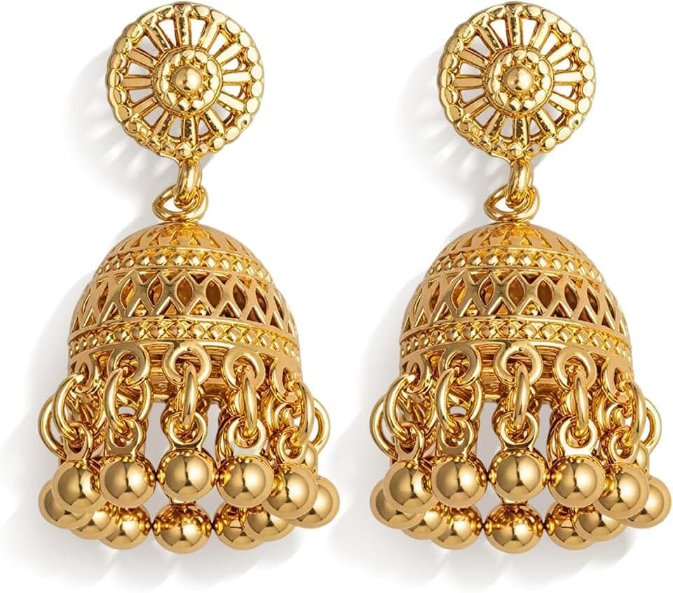 Gold Jhumka Indian Earrings for Women Vintage Indian Bollywood Chandelier Earrings Traditional Tribal Ethnic Jhumka Ear-rings Indian Dress Outfits Jewelry Wedding Prom Party Accessories