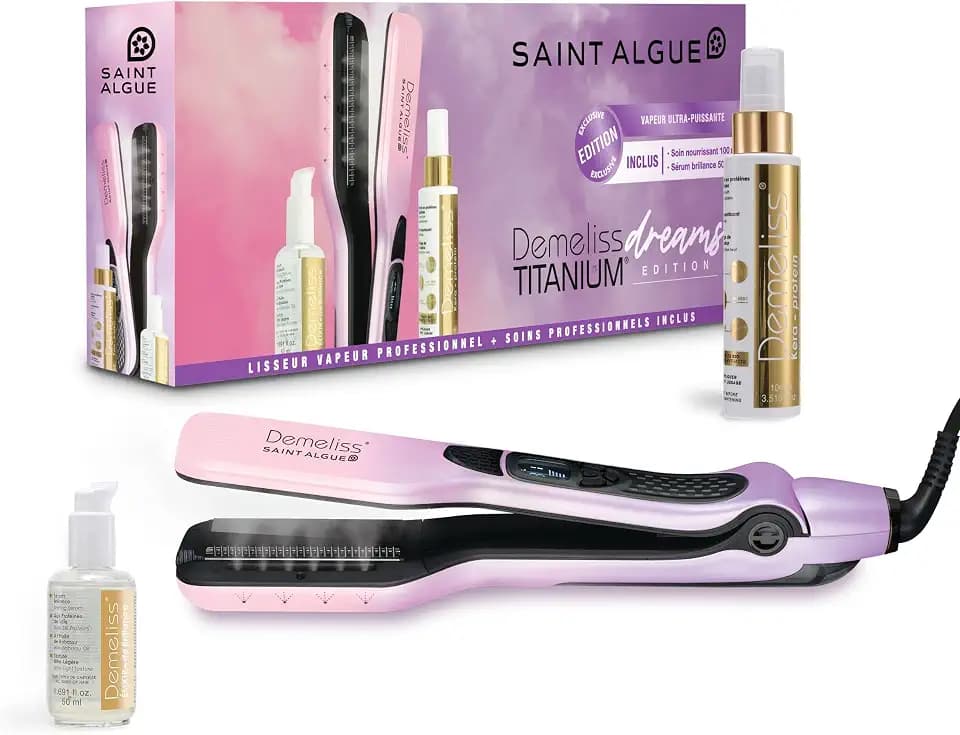 Demeliss Dampfglätter-Set Titanium DREAMS EDITION – Keratin-Pflege 100 ml, Glanz-Elixier 50 ml inklusive – Hochleistungsglättung, intensive Feuchtigkeitsversorgung – Für alle Haartypen