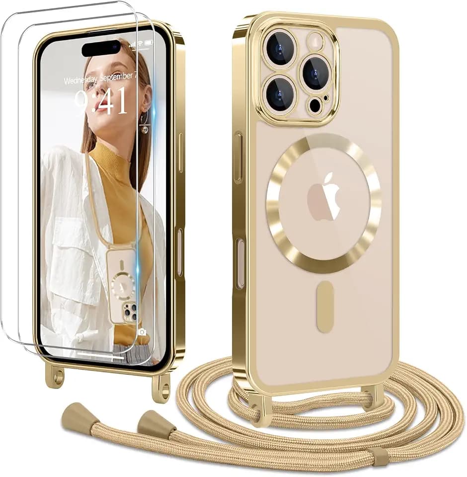 für iPhone 16 Pro Max Hülle mit Band + 2 Schutzfolie, Gold