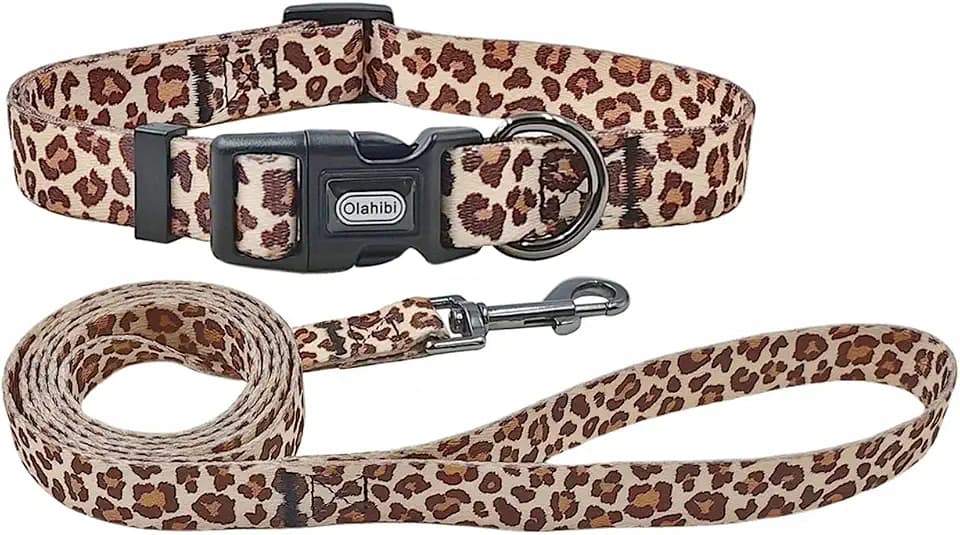 Hundehalsband und Leine Set - Leopardenmuster - Aus Polyester - Passende Leine von 150 cm - Für mittelgroße Hunde - Helles Kaffeebraun