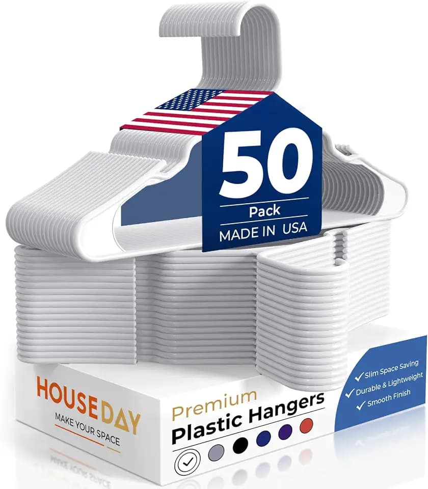 HOUSE DAY White Plastic Hangers 50 Pack – Slim Space Saving Clothes Hangers