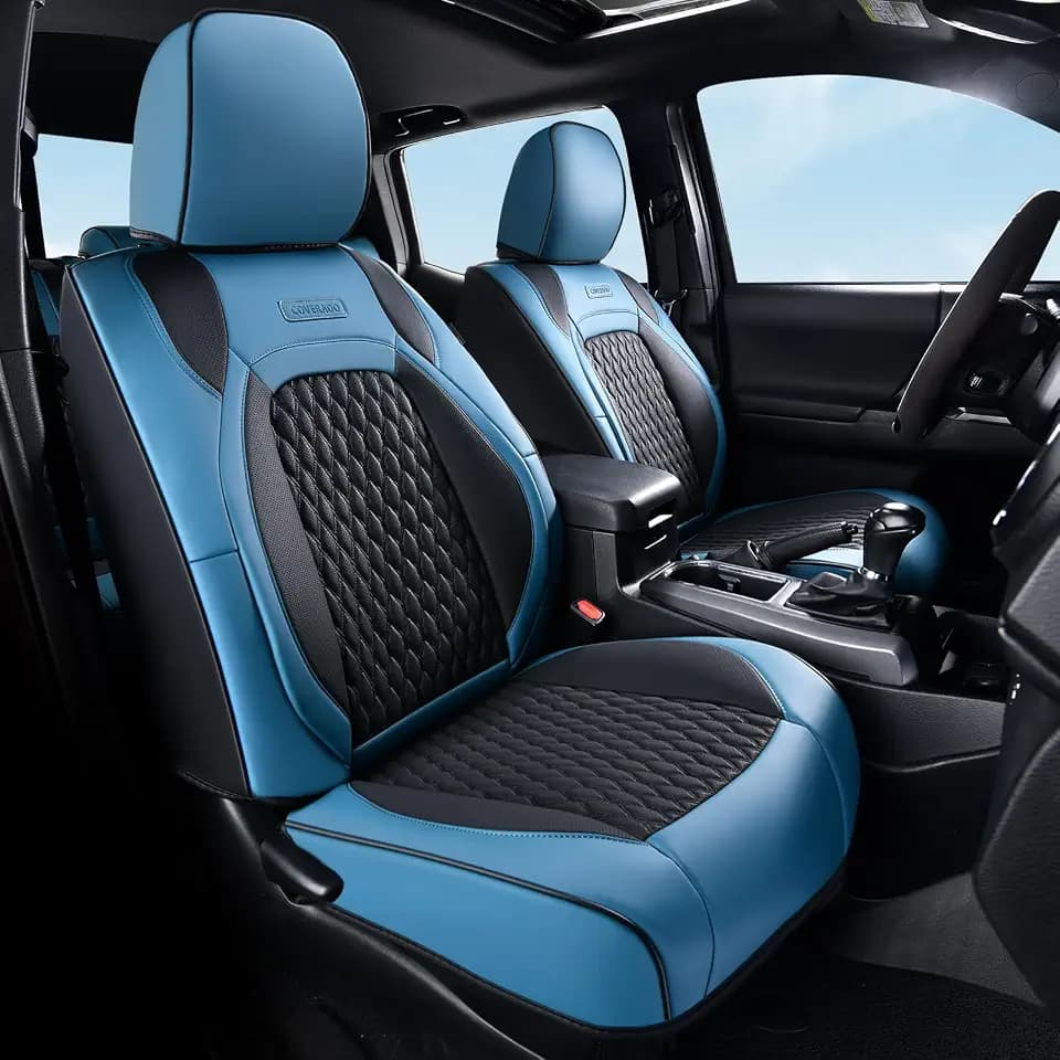 Coverado Tacoma Seat Covers Full Set, Faux Leather Custom Fit for 2024-2026 Toyota Tacoma Double/Crew Cab, Front & Rear Seat Protection (Blue)