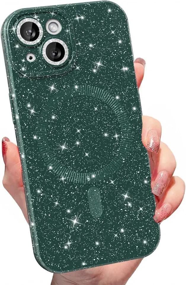 MINSCOSE Magnetic Sparkle Glitter Neon Case for iPhone 13,Pine Green