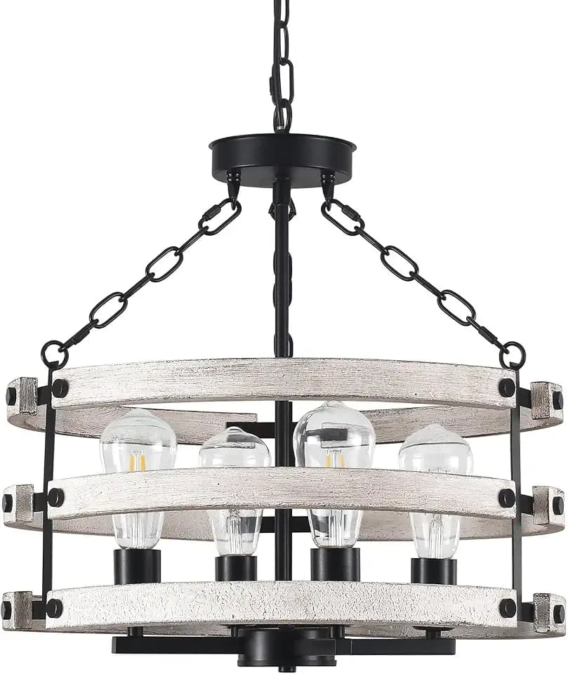 Luupyia Rustic Farmhouse Chandelier, 18.89 Inches White Drum Farmhouse Foyer Chandeliers Island Light, Rustic Vintage Pendant Light Fixture for Dining Room Entryway 4Lights E26