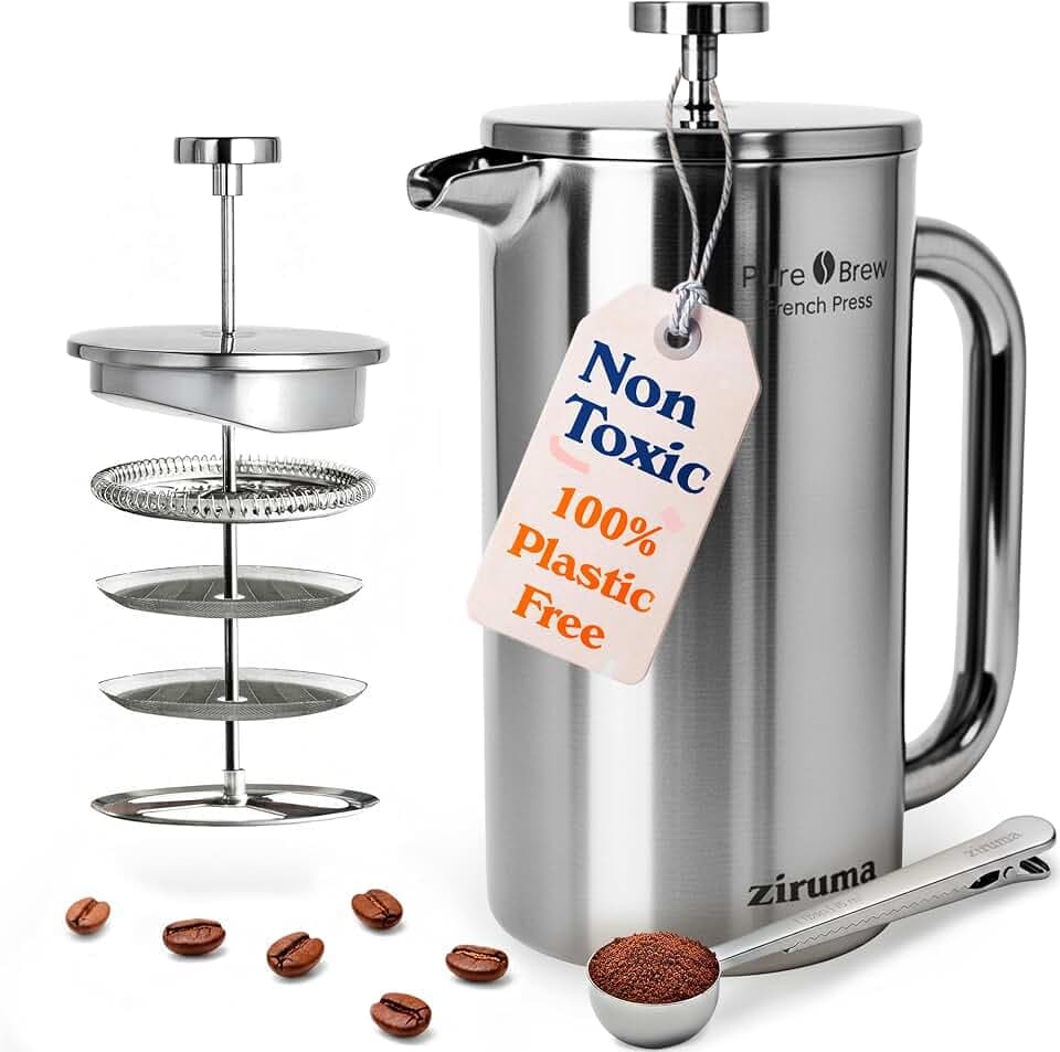 Non-Toxic Stainless Steel French Press, No Plastic or Heavy Metals, 34 oz