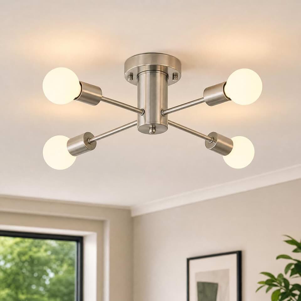 Nickel Sputnik Deckenleuchte, 4 Lichter Chrom Deckenleuchten, E27 Moderne Mid-Century Industrielle Semi Flush Kronleuchter Deckenleuchte für Wohnzimmer Schlafzimmer Küche Esszimmer Flur
