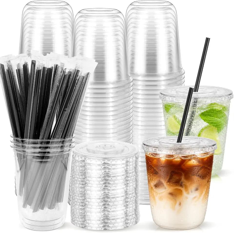 50PCS 12 oz Round Bottom Plastic Cups with Lids and Black Straws
