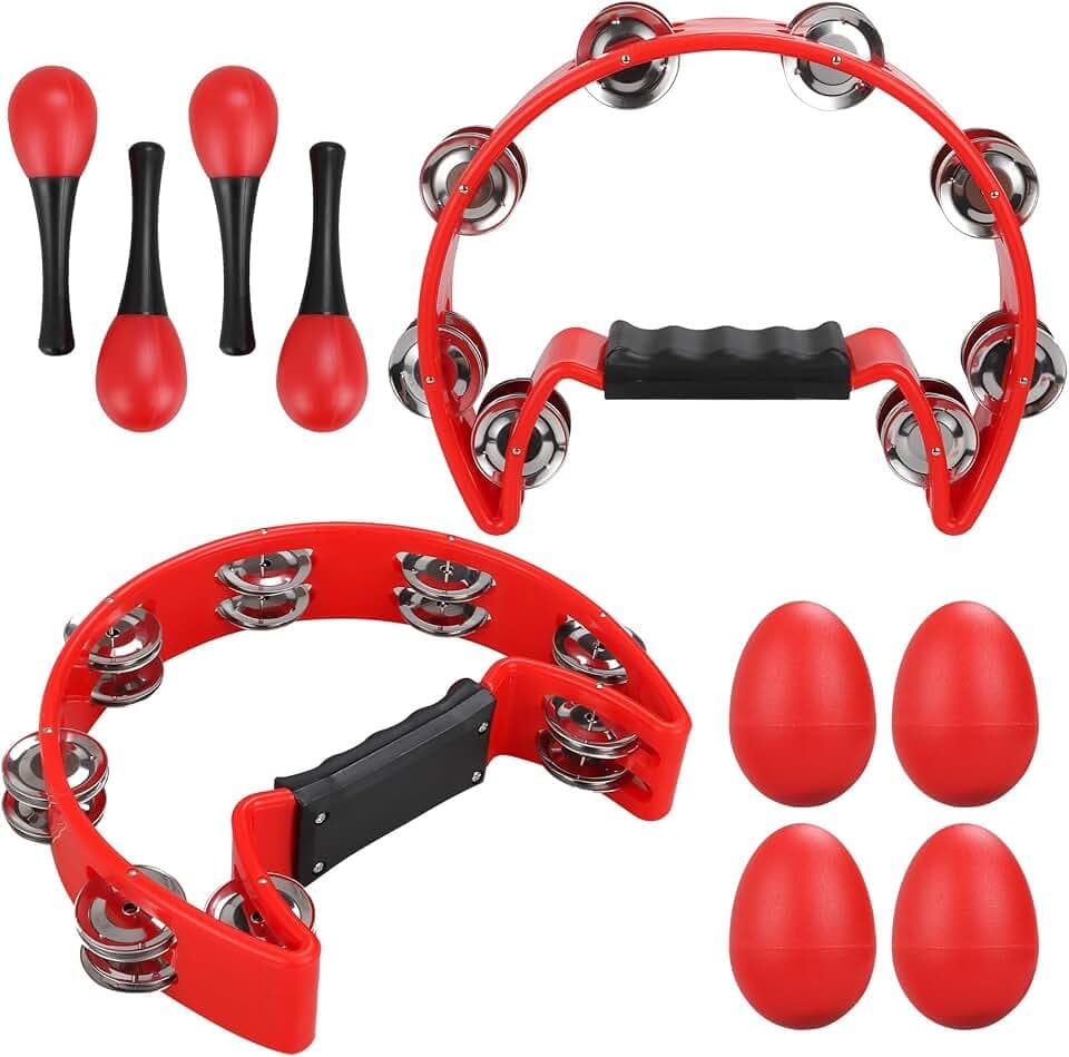 YOUNTHYE Halbmond-Tamburin-Set, einreihige Tamburine Musikinstrumente für Erwachsene, mit 4 Eierstreuer und 4 Maraca-Set, perfekt für Musiker, Sänger, Musikunterricht, Bands, 2 Stück