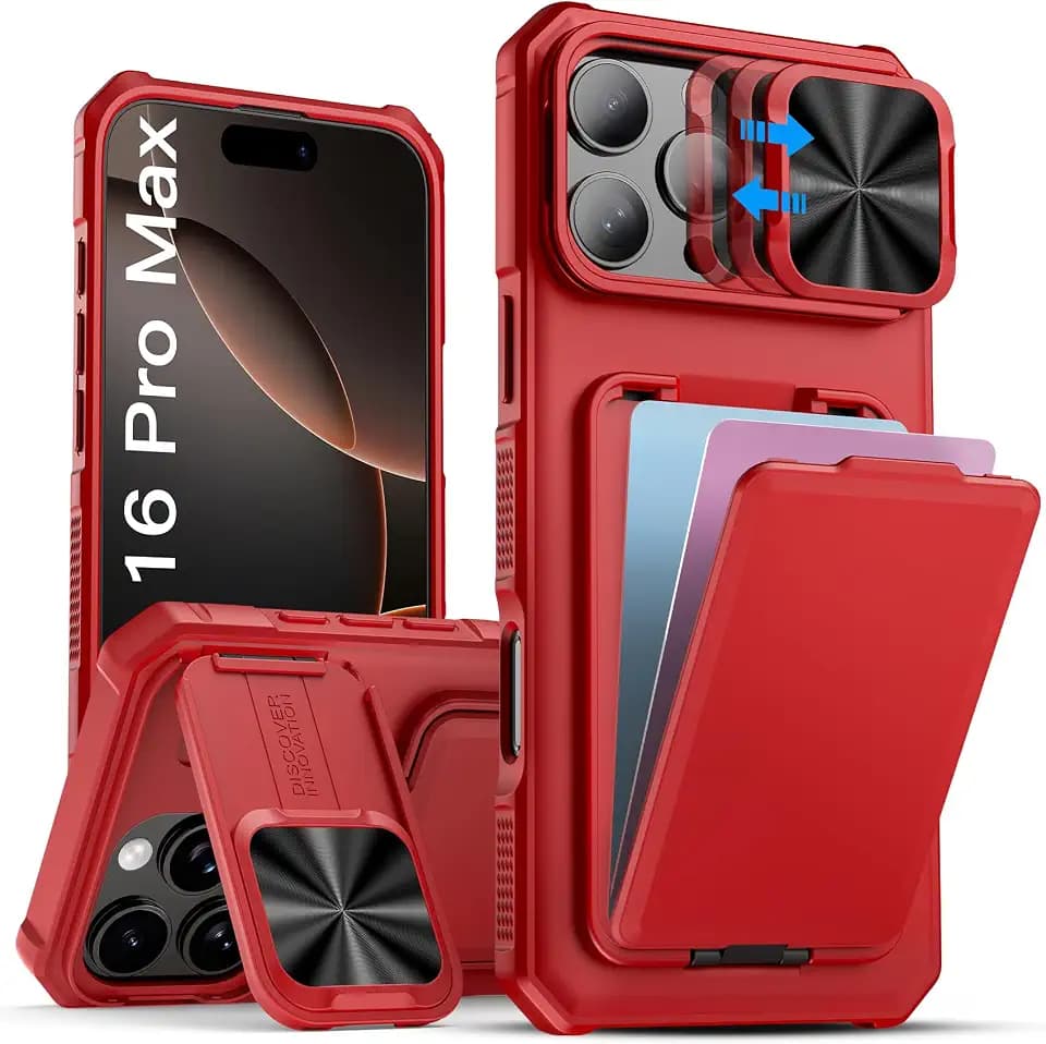 SSLOTSCASE for iPhone 16 Pro Max Case with Credit Card Holder, Red