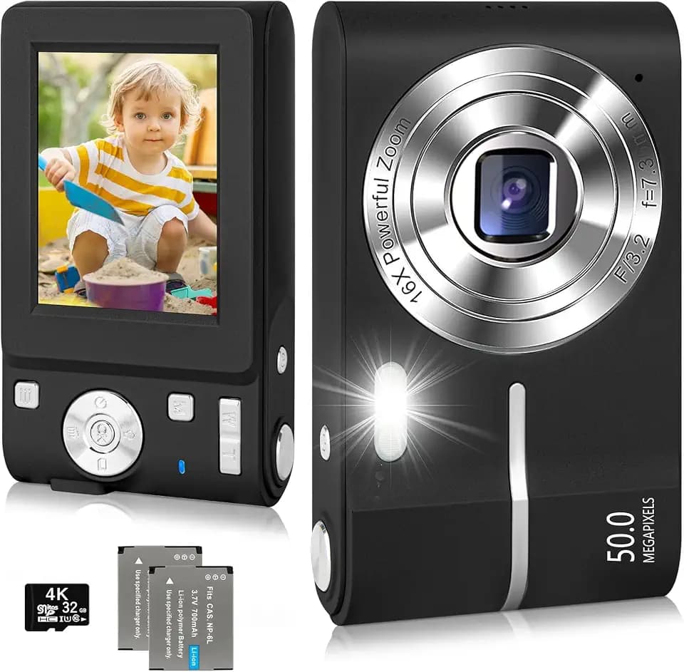 Digitalkamera 50MP 1080P HD Fotokamera mit 32GB Speicherkarte, Tragbare Kompaktkamera 16X Digitalzoom mit 2 Wiederaufladbaren Akkus, Fotoapparat für Kinder, Teenager, Jungen, Mädchen (Schwarz)