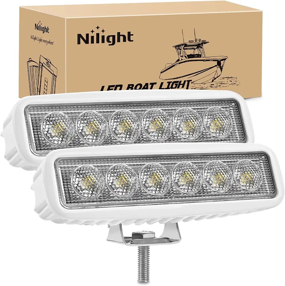 Nilight Marine Led Light Bar 2PCS 18w White 150° Flood Beams Ponton Boat Deck Dock Lights IP67 Waterproof for Night Fishing T-top Stern Yacht Kayak Port Sailboat