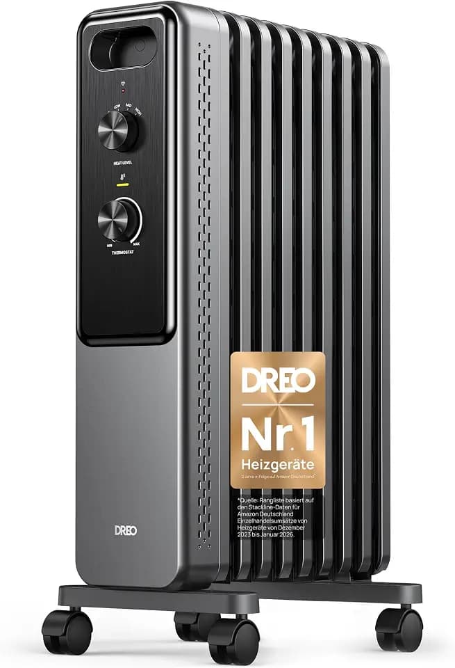 Dreo Ölgefüllter Radiator-Heizkörper mit 9 Rippen, 2000W Leiser Elektrischer Heizstrahler fürs Schlafzimmer, Überhitzungs- & Kippschutz, Einstellbares Thermostat, Kindersicherung, Energiesparend