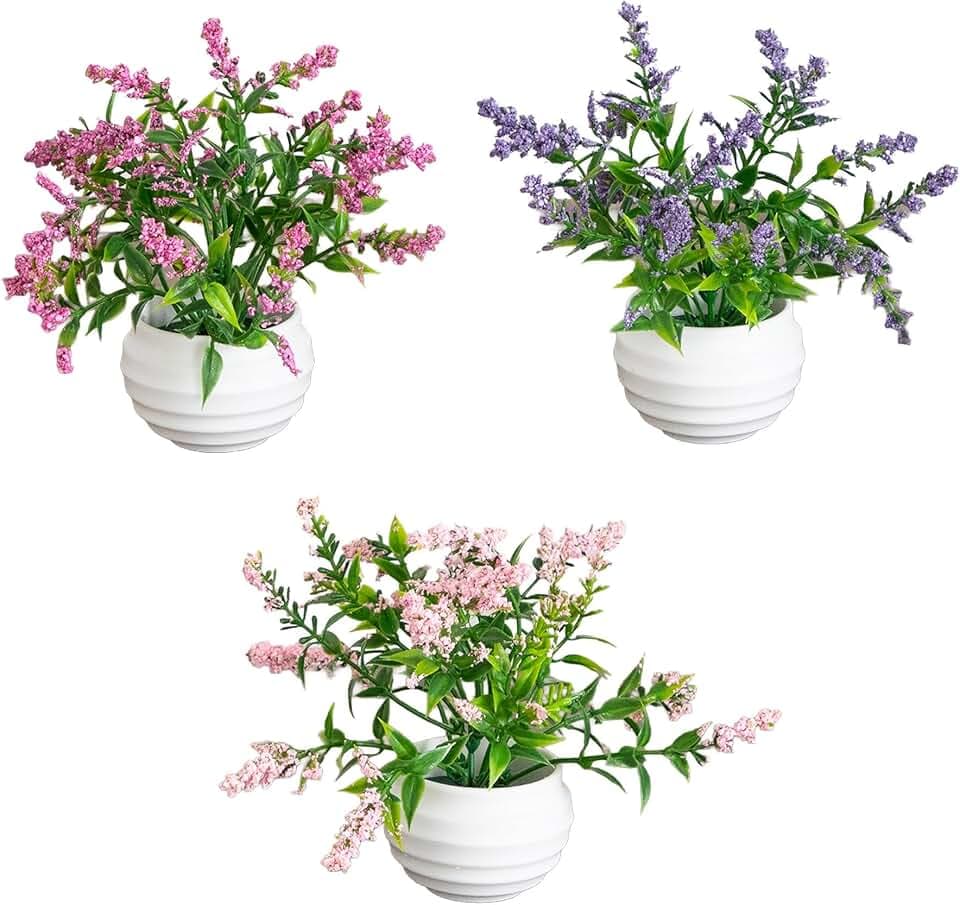 Nearly Natural 5 in Artificial Mini Lavender Plant in White Pots Set of 3