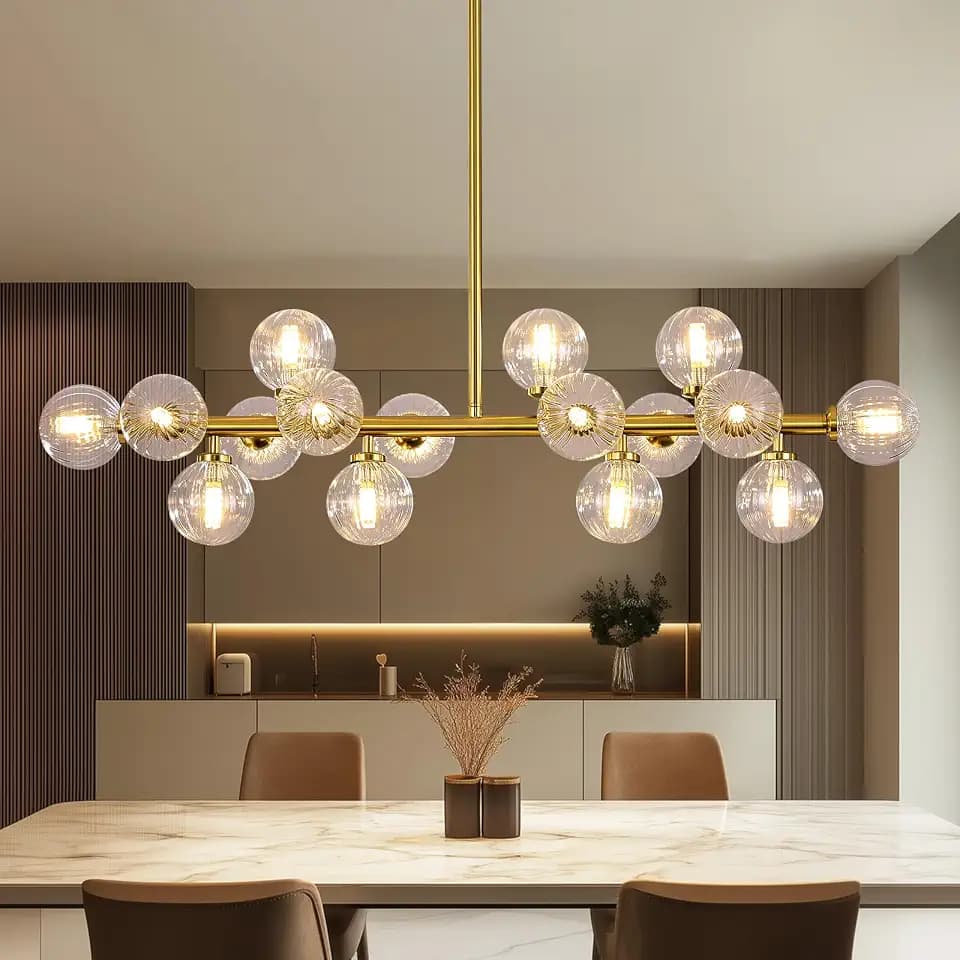 Glass Globe Sputnik Chandelier, 16-Light Mid Century Modern Light Fixture Over Table, Linear Chandeliers for Dining Room, Kitchen Island, Brass Gold and Clear Bubble, 40 Inch, GC-02
