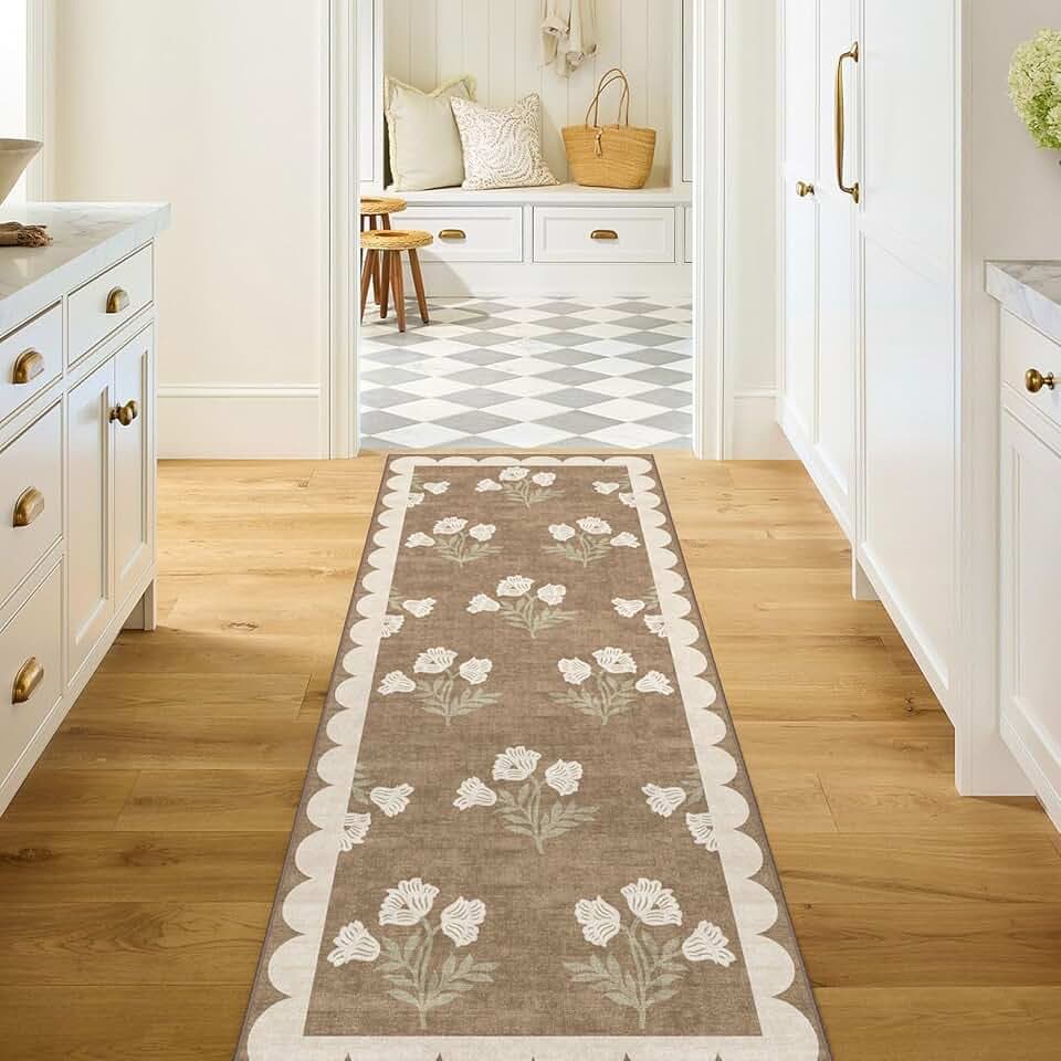 Non Slip Washable Kitchen Runner Rug - 2x6 Tan Floral Hallway Runner Rugs Soft Boho Runners for Hallways Vintage Farmhouse Scalloped Laundry Room Rug Floor Rugs for Bedroom Entryway Bathroom