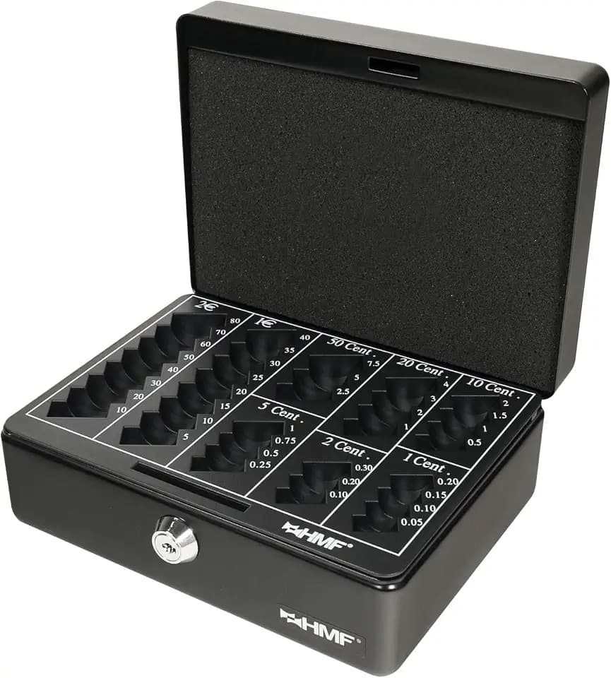 HMF Geldkassette abschließbar, Kasse mit Euro-Münzbrett, Schaumstoff im Deckel, 20 x 16 x 9 cm, Schwarz