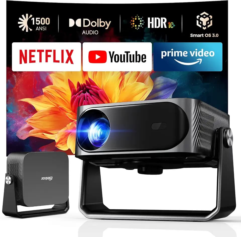iSinbox Smart Beamer 4K Heimkino mit Netflix, Outdoor Projektor mit 2x15W Dolby Audio, 360° Drehständer,Autofokus,6D Trapezkorrektur,1500 ANSI Projector Mobiler Für Wohnzimmer, Garten