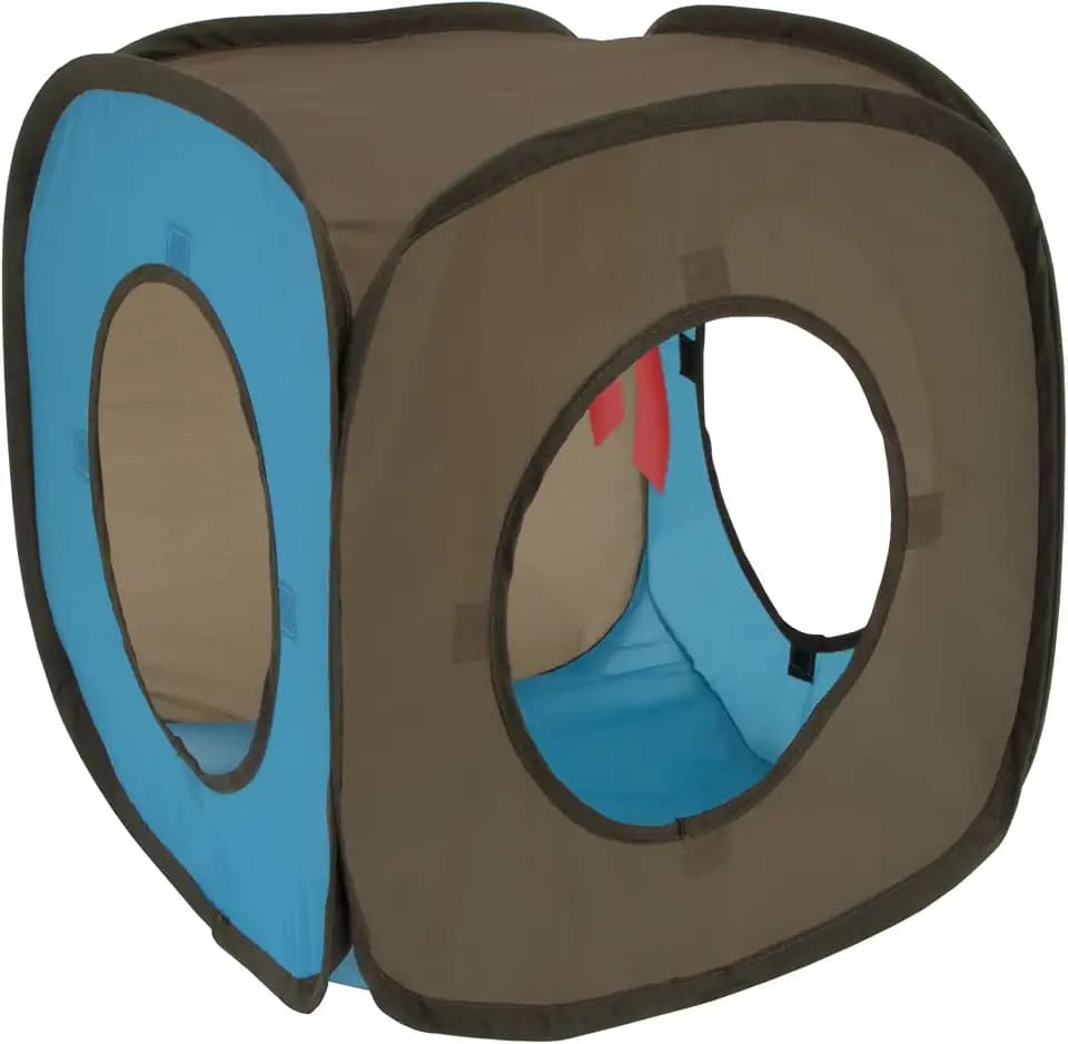 Kitty City Pop-Up Rolling Cat Cube Toy, Collapsible Indoor Cat Play Cube with Peekaboo Openings & Hanging Tassel, Lightweight Foldable Cat Furniture - Blue / Brown