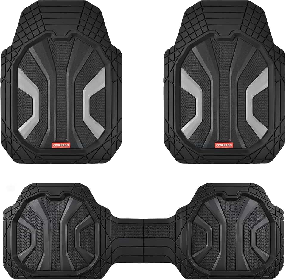 Coverado Car Floor Mats for Trucks, Waterproof All Weather Automotive Floor Mats for Front & Rear, Deep Dish Car Mat with Anti-Slip Backing, Trim to Fit Floor Liners for Cars (3 Pcs, Black&Gray)