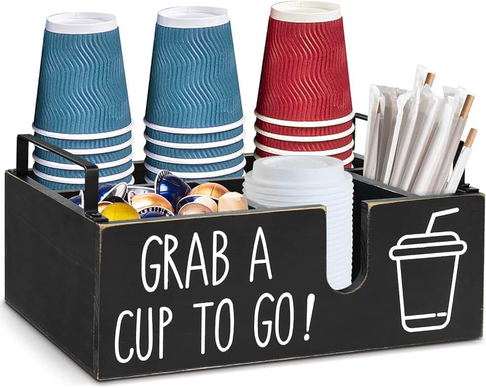 Disposable Coffee Cup Dispenser Lid Holder for Counter, Coffee Station Organizer for Cup Lid Sleeve Pods Condiment, Paper Cup Dispenser Coffee Bar Accessories Storage (Black 2)